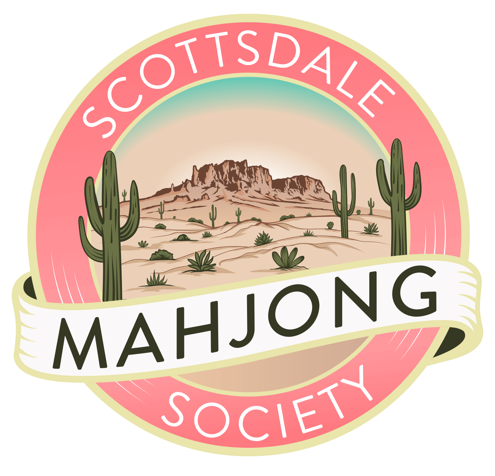 Logo of Scottsdale Mahjong Society with desert and cactus design.