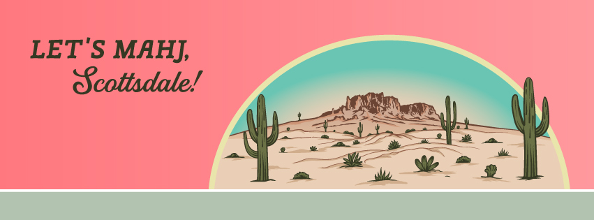 Stylized desert scene with cacti and mountains in pastel colors.